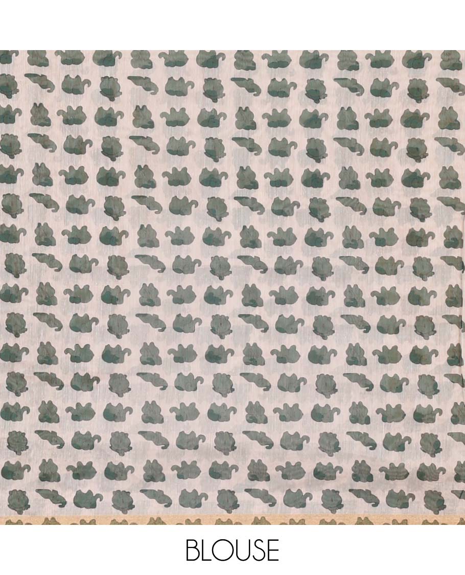 Borderless cream-green elephant motifs printed linen cotton saree, matching elephant motifs printed blouse