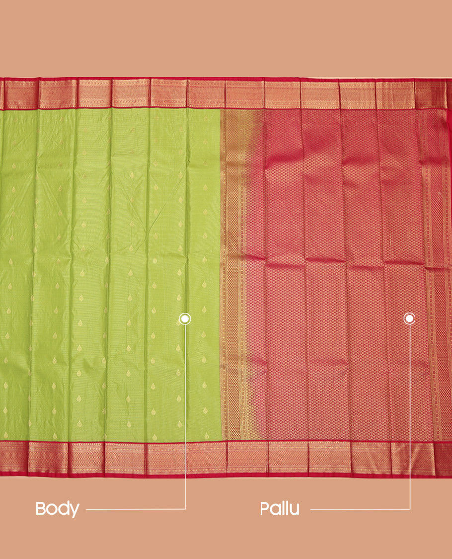 Parrot Green Budget Silk Saree, Finely Woven with Zari Buttas and Stripes on Its Body, Complemented by a Contrast Traditional Zari Design Border, Grand Jaal Pallu, and Paired with a Contrast Blouse