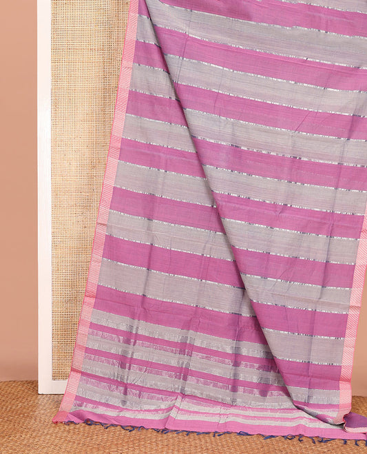 Purple and Light Grey Striped Mangalagiri Cotton Saree, Complemented by Contrast Zari Border, Pallu of Stripes, and Paired with a Matching Blouse