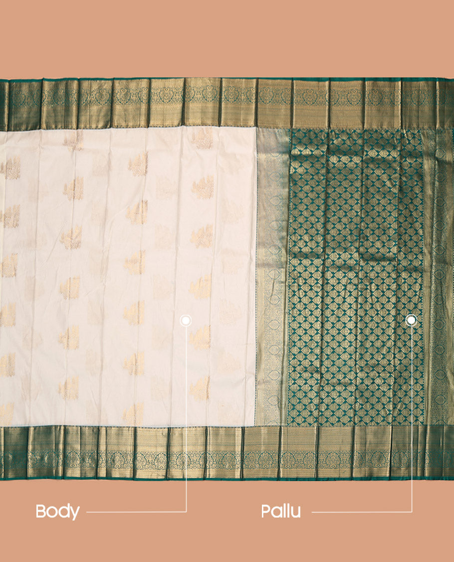 Cream Budget Silk Saree, Enriched with Zari Buttas, Contrast Traditional Zari Border, Grand Pallu, and a Contrast Blouse