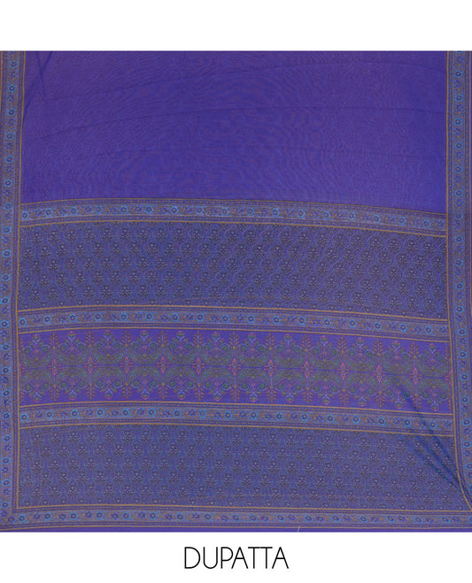 Blue material chudidar set, floral-printed Italian crepe top, a plain bottom, and a floral and ogee-patterned printed georgette dupatta
