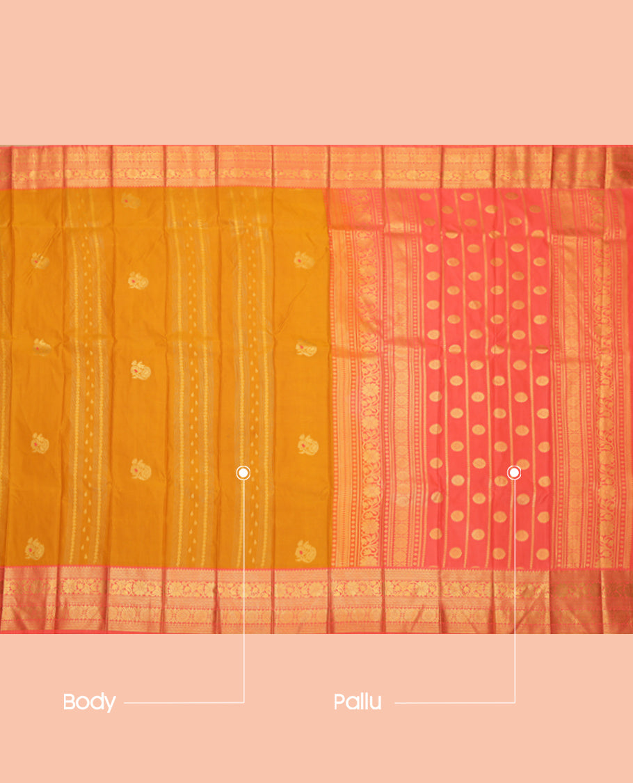 Mustard Budget Silk Saree, Showcasing Zari Buttas, Complemented by Contrast Traditional Zari Border, a Grand Pallu and a Contrast Blouse