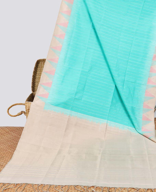 Green striped soft silk saree with contrast zari border & intricate zari design pallu