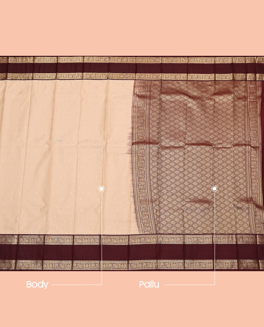 Sandal Budget Silk Saree, Sparsely Woven with Zari Buttas, Complemented by a Contrast Traditional Zari  Rettai Pettu Border, Pallu of Jaal Designs, and a Contrast Blouse