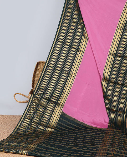 Pink mysore silk saree with contrast stripes zari design border & striped zari pallu