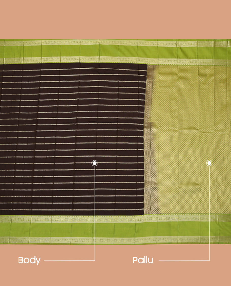 Brown Budget Silk Saree, Accentuated with Veldhari Stripes, a Contrast Traditional Rettai Pettu Border, Jaal Pallu, and a Contrast Blouse