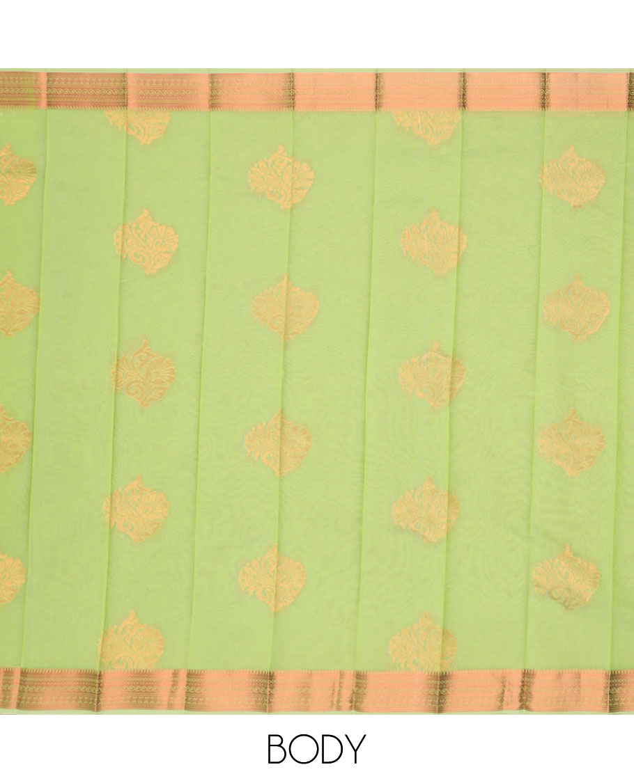 Green floral motifs kora cotton saree with contrast intricate zari design border & geometric zari design pallu