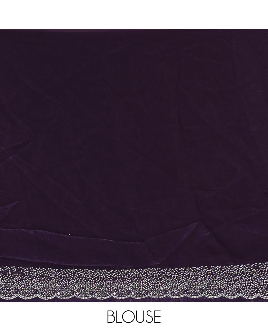Violet Swarovski crystal stone embedded fendy chiffon saree, scallop Swarovski stone embroidered border, and contrast plain blouse