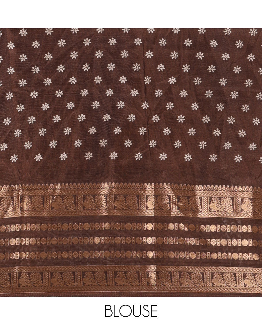 Brown floral printed dola silk saree,  contrast traditional zari rettai pettu border, pallu of paisley-floral print & contrast blouse of print & zari border