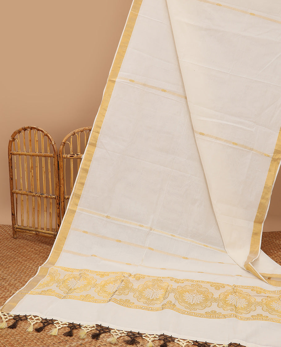 Cream kerala saree with zari design, plain border & pallu of intricate designs