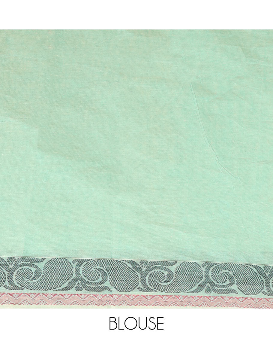 Green buttas Combatiore cotton saree, paisley creeper & chevron border & floral design pallu