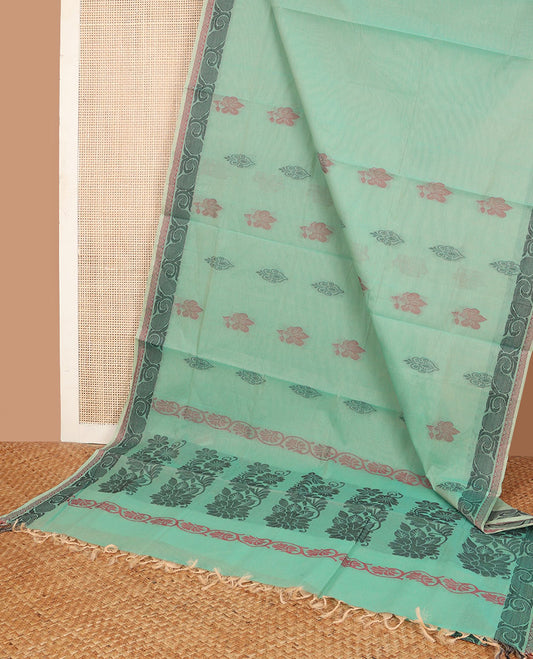 Green buttas Combatiore cotton saree, paisley creeper & chevron border & floral design pallu