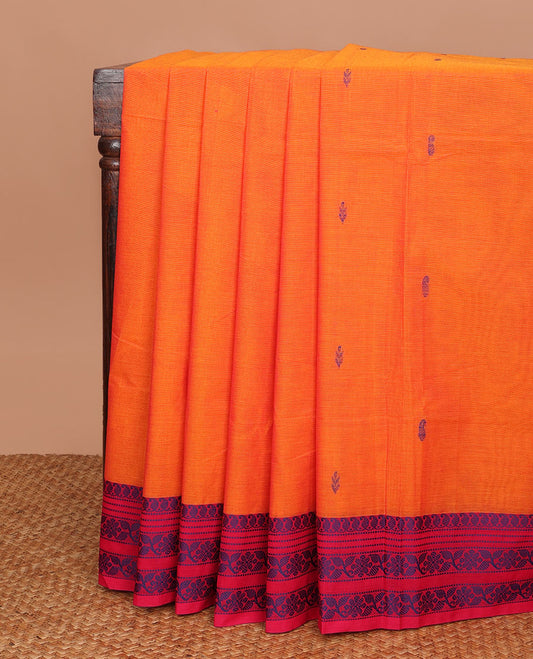 Orange buttas Chettinad cotton saree, contrast border of mango & floral designs & pallu of stripes & buttas