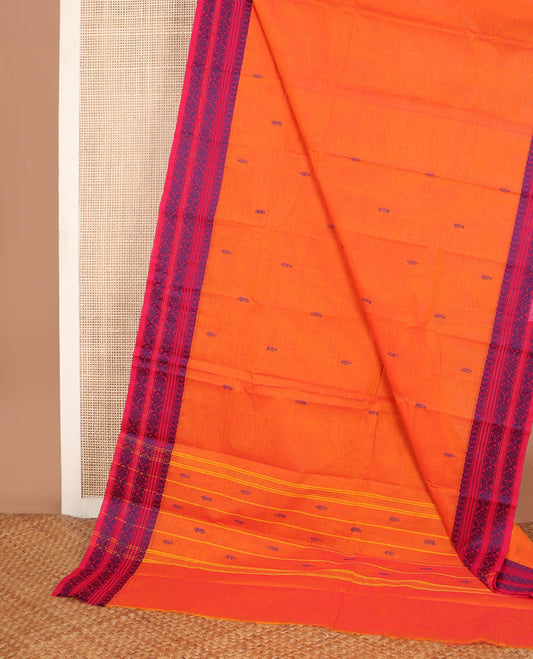 Orange buttas Chettinad cotton saree, contrast border of mango & floral designs & pallu of stripes & buttas