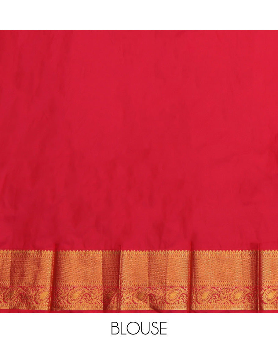 Green Budget Silk Saree, Highlighted by Zari Buttas, a Contrast Traditional Zari Border, Grand Jaal Pallu, and a Contrast Blouse