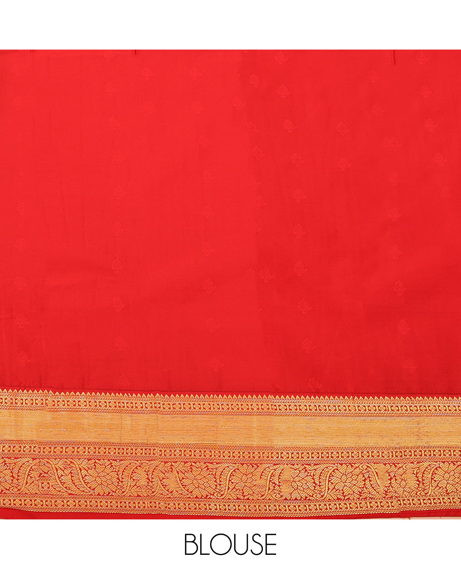 Green Budget Silk Saree, Artfully Detailed with Zari Buttas All Over Its Body, Complemented by a Contrast Traditional Zari Design Border, Pallu of Floral Designs, and Paired with a Contrast Blouse