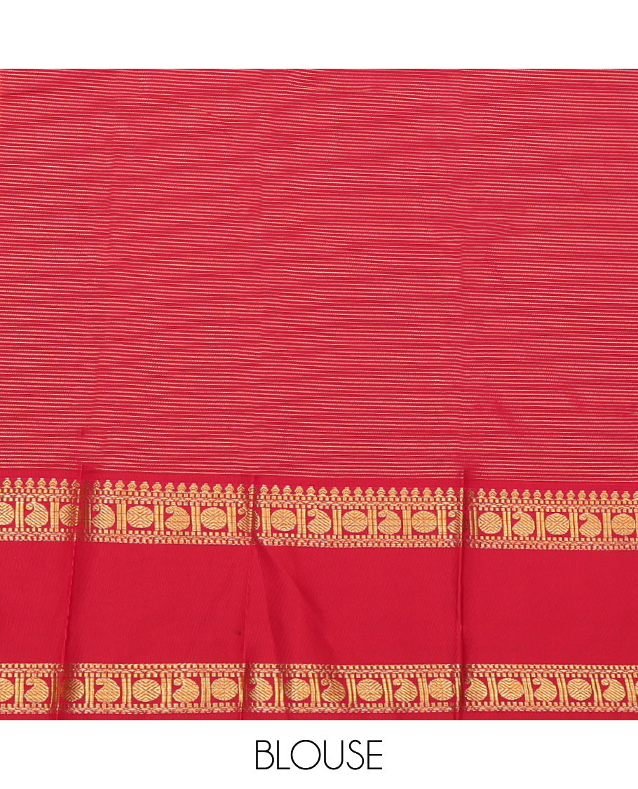 Green Budget Silk Saree, Beautified with Peacock-Chakram Buttas and Stripes, a Contrast Traditional Zari Rettai Pettu Border, Grand Pallu, and a Contrast Blouse