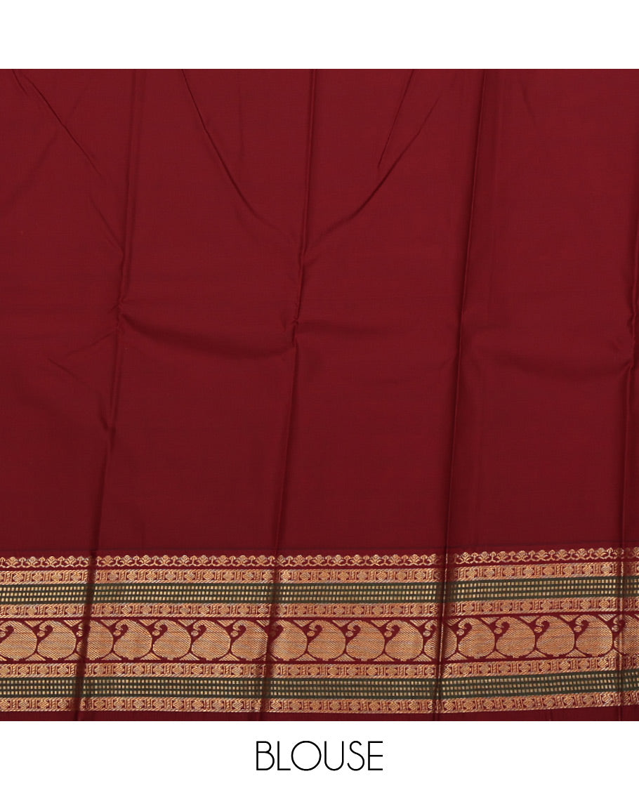 Red Budget Silk Saree, Woven with Zari Buttas All Over Its Body, Complemented by a Contrast Traditional Zari Design Border, Grand Pallu, and Paired with a Contrast Blouse
