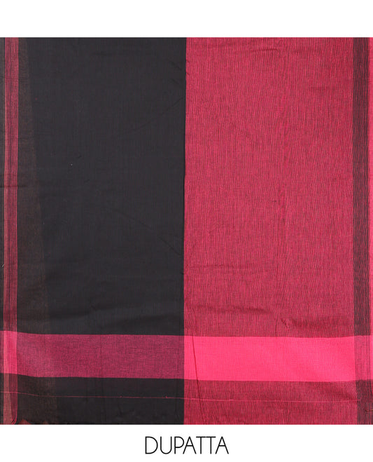 Pink Handloom Cotton Material Chudidar, Buttas Woven Top, a Plain Bottom, and Contrast Dupatta