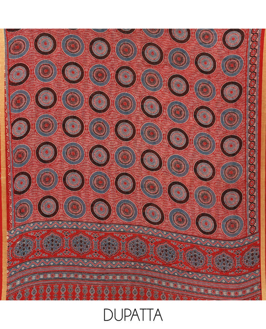 Red chudidar material set, ajrakh-style intricately handblock printed cotton top, ajrakh-style handblock printed kota cotton dupatta & cotton handblock printed bottom