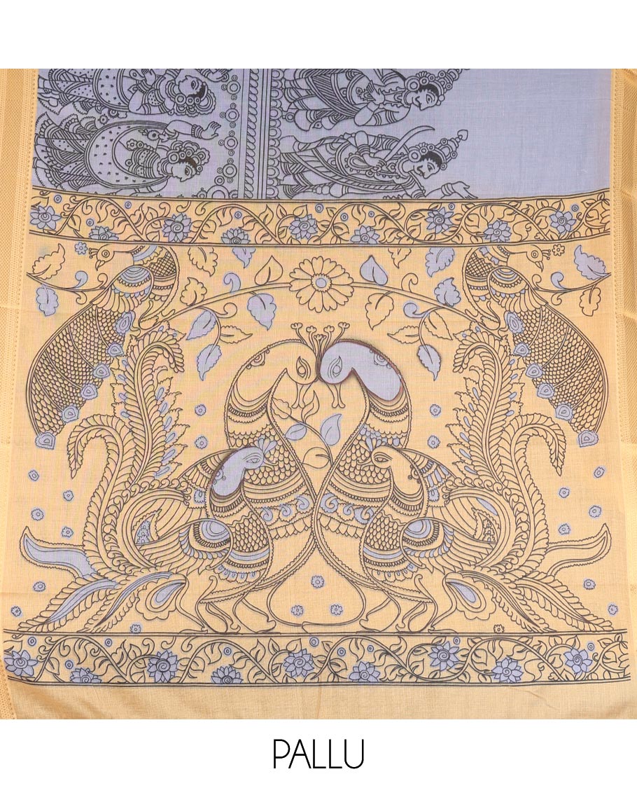 Grey Mangalagiri Cotton Saree Features Kalamkari Flora-Fauna-Humans, a Contrast Border, and Printed Blouse