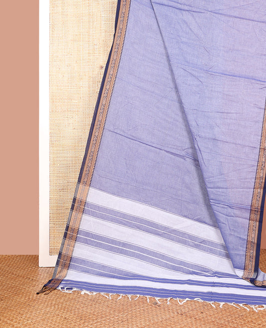 Light Lavender Plain Narayanpet Cotton Saree, Complemented by Contrast Traditional Thread Border of Peacock and Elephant Designs, Vibrantly Striped Pallu, and Paired with a Matching Blouse