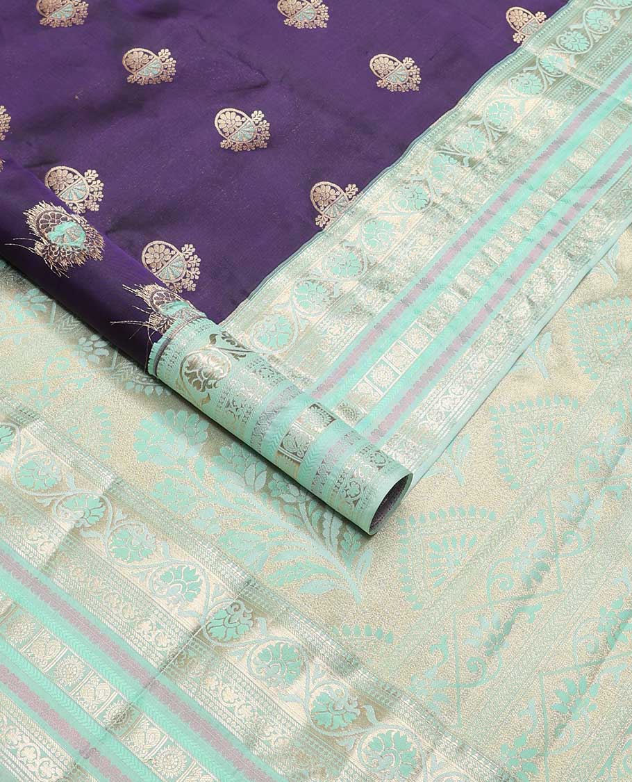 Violet butta vasundhara elite silk saree with contrast intricate zari design & floral design pallu