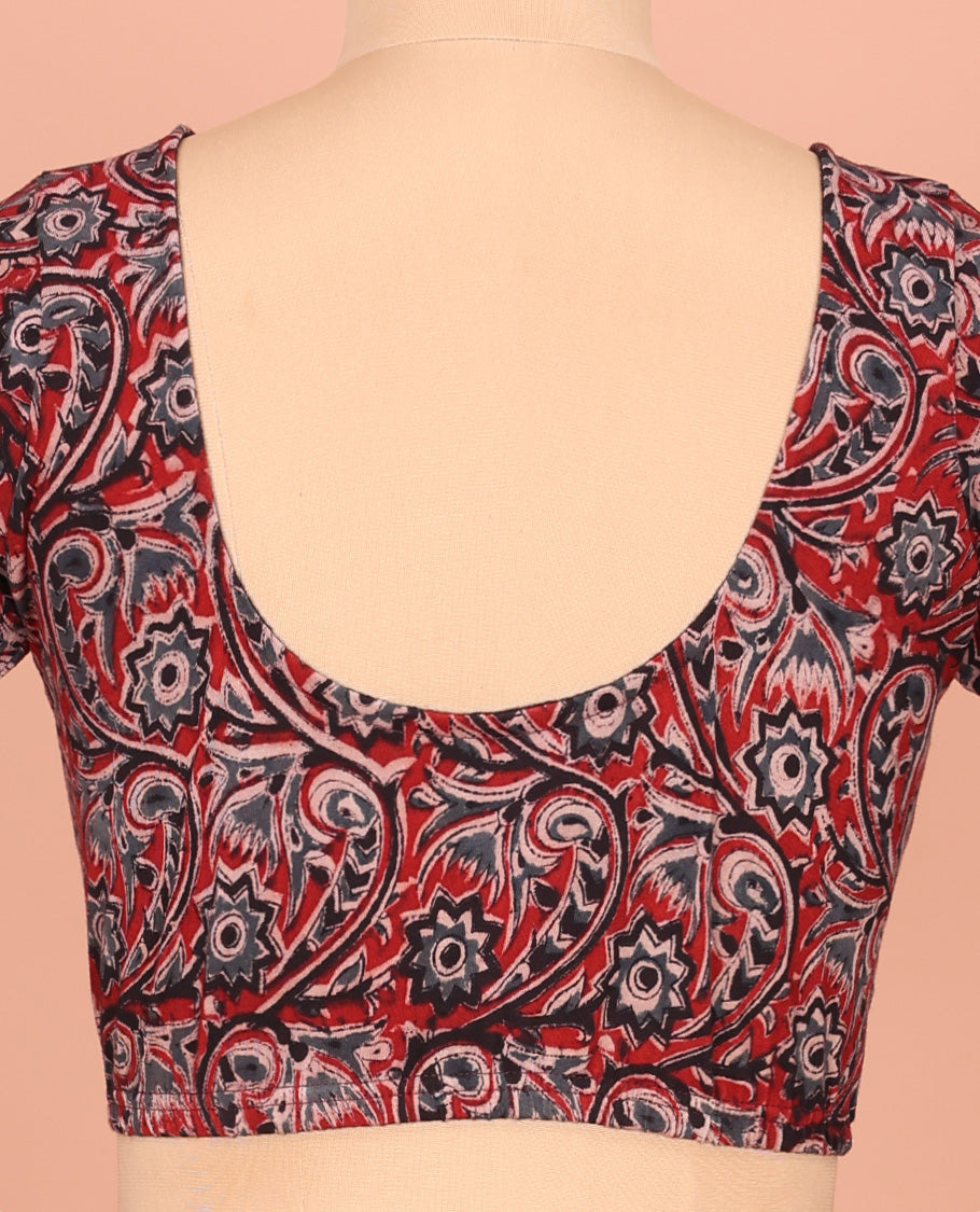 Red Cotton Readymade Blouse Gracefully Embellished with All-Over Floral Vine Print, Front Round-Neck, Back Round Neck, and Elbow Sleeves