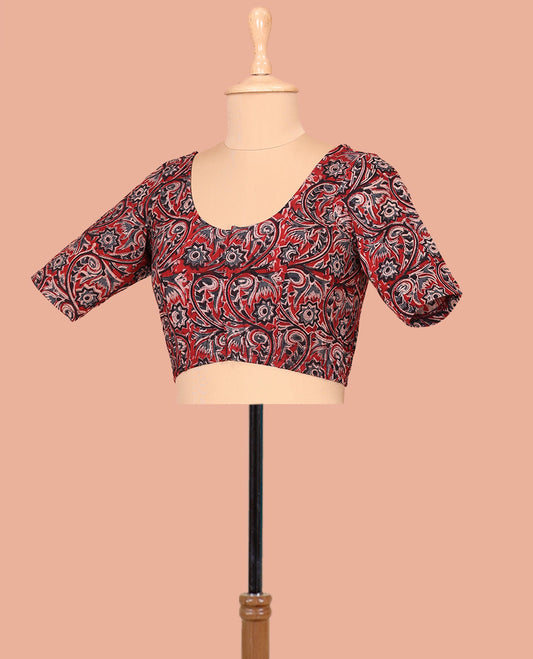 Red Cotton Readymade Blouse Gracefully Embellished with All-Over Floral Vine Print, Front Round-Neck, Back Round Neck, and Elbow Sleeves