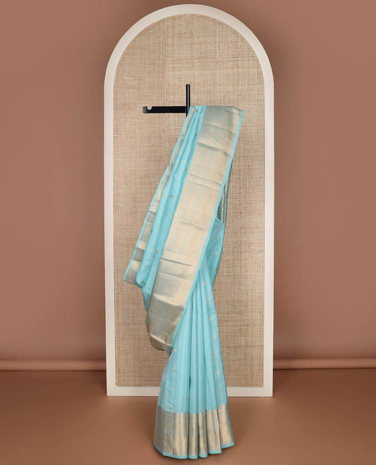 Blue zari buttas silk saree, jaal pallu & zari border of rekku, muthu, mayil kann & jadai nagam