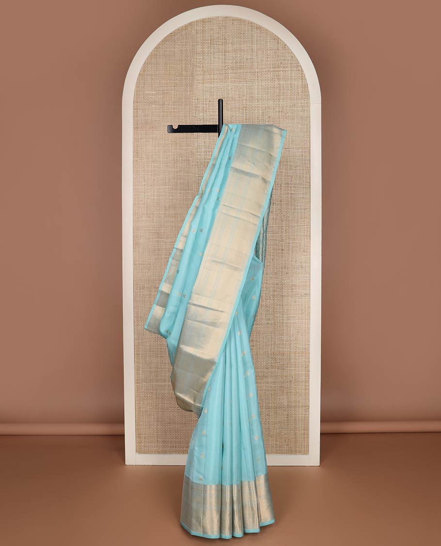 Blue zari buttas silk saree, jaal pallu & zari border of rekku, muthu, mayil kann & jadai nagam