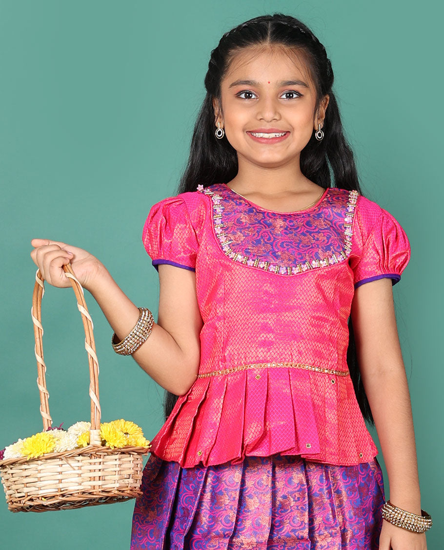 Blue readymade art silk pavadai, jacquard, and contrast zari border skirt, and contrast jacquard embroidered puff-sleeve blouse
