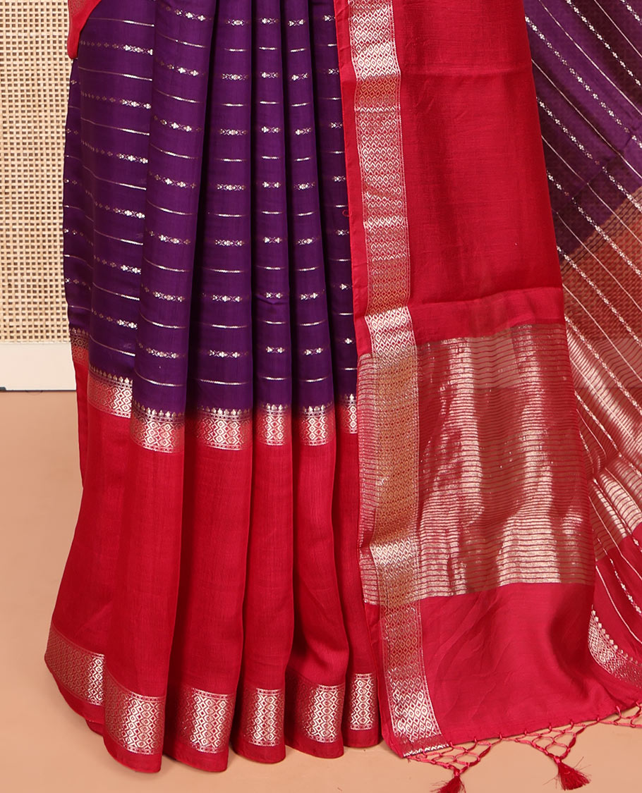 Violet Assam Silk Saree, Spotlighted with Zari Stripes, Complemented by a Contrast Zari Traditional Woven Border, Zari-Striped Pallu, and a Matching Blouse