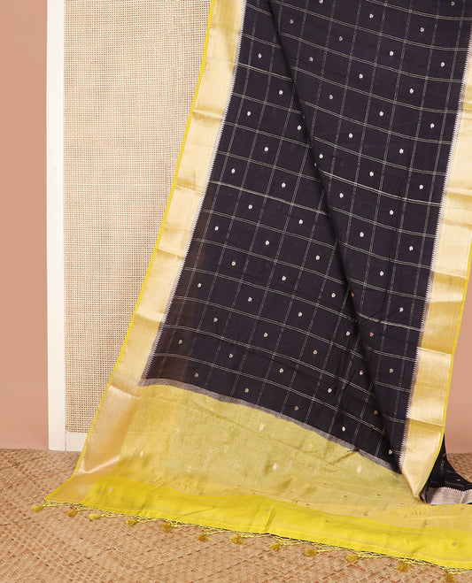 Black zari buttas and checked assam silk saree, contrast traditional zari design border, and zari design pallu