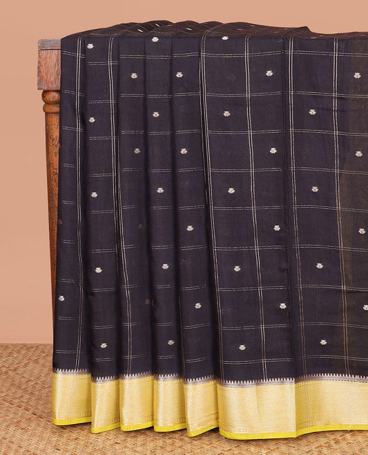 Black zari buttas and checked assam silk saree, contrast traditional zari design border, and zari design pallu