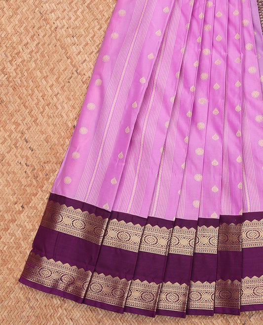 Pink Budget Silk Saree, Embellished with Buttas and Stripes, Complemented by a Contrast Traditional Rettai Pettu Border, Grand Pallu, and a Contrast Blouse