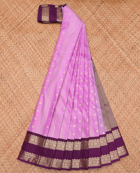 Pink Budget Silk Saree, Embellished with Buttas and Stripes, Complemented by a Contrast Traditional Rettai Pettu Border, Grand Pallu, and a Contrast Blouse