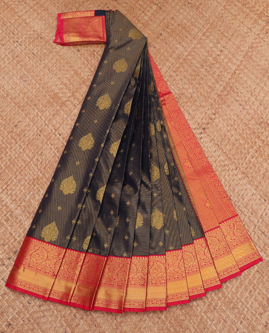Black Budget Silk Saree, Woven with Zari Buttas and Stripes, Complemented by a Contrast Traditional Zari Border, Grand Pallu, and Contrast Blouse
