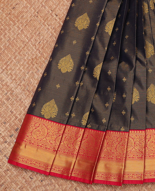 Black Budget Silk Saree, Woven with Zari Buttas and Stripes, Complemented by a Contrast Traditional Zari Border, Grand Pallu, and Contrast Blouse