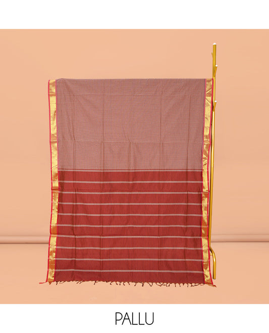 Multi-Color Micro-Checked Poly Cotton Saree, Complemented by Contrast Traditional Zari Design Border, Pallu of Stripes, and Paired with a Contrast Blouse