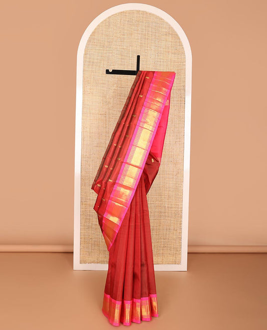 Red buttas kancheepuram silk saree with contrast border of rekku, muthu, banaras design & zari design pallu