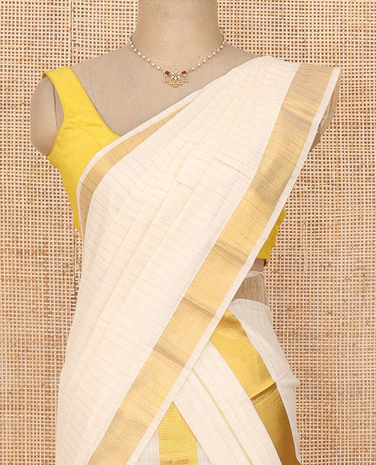 Cream golden vertically striped Kerala Mundu set, zari bavanji border