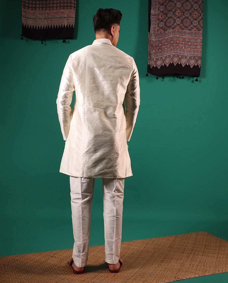 Cream unique patterns embossed full-sleeved men's kurta set