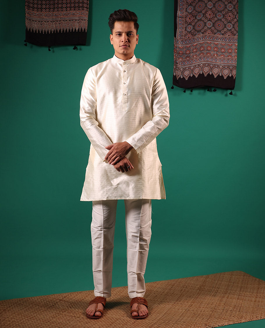 Cream unique patterns embossed full-sleeved men's kurta set