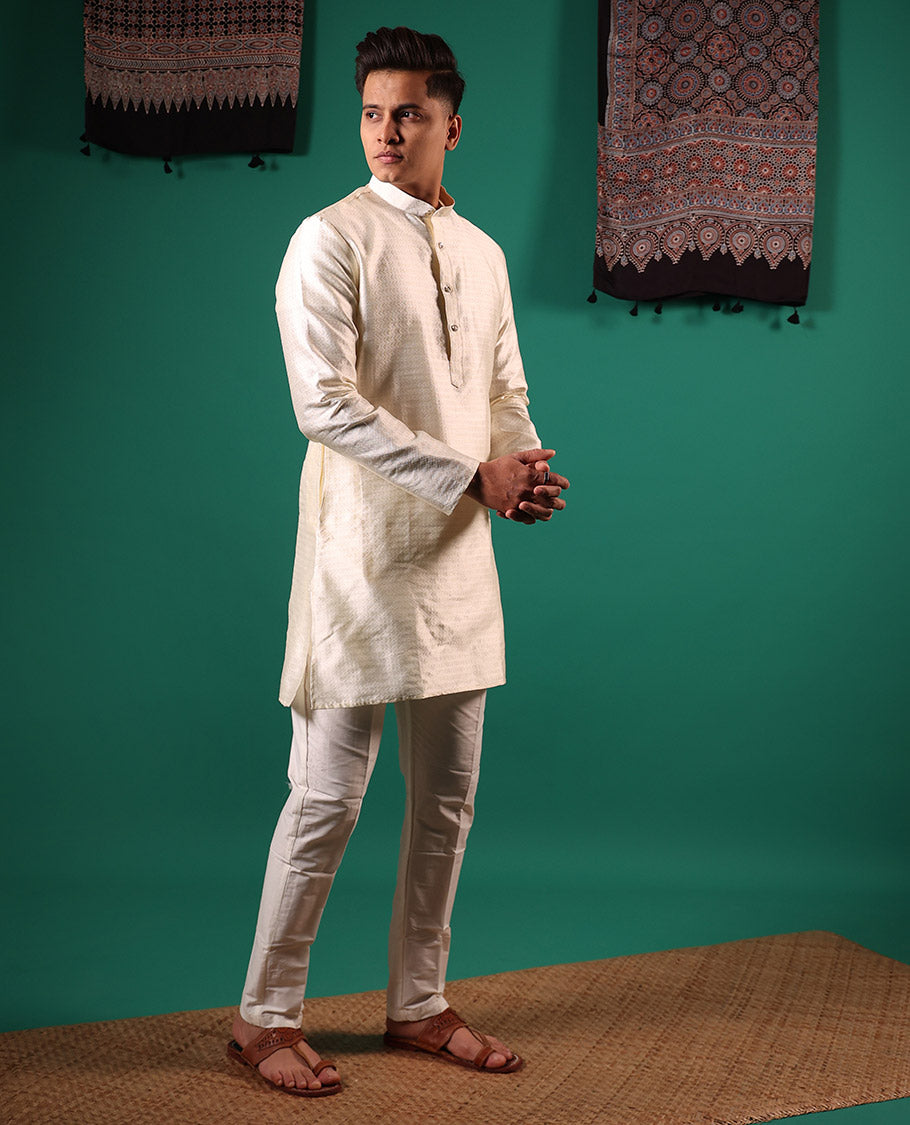 Cream unique patterns embossed full-sleeved men's kurta set