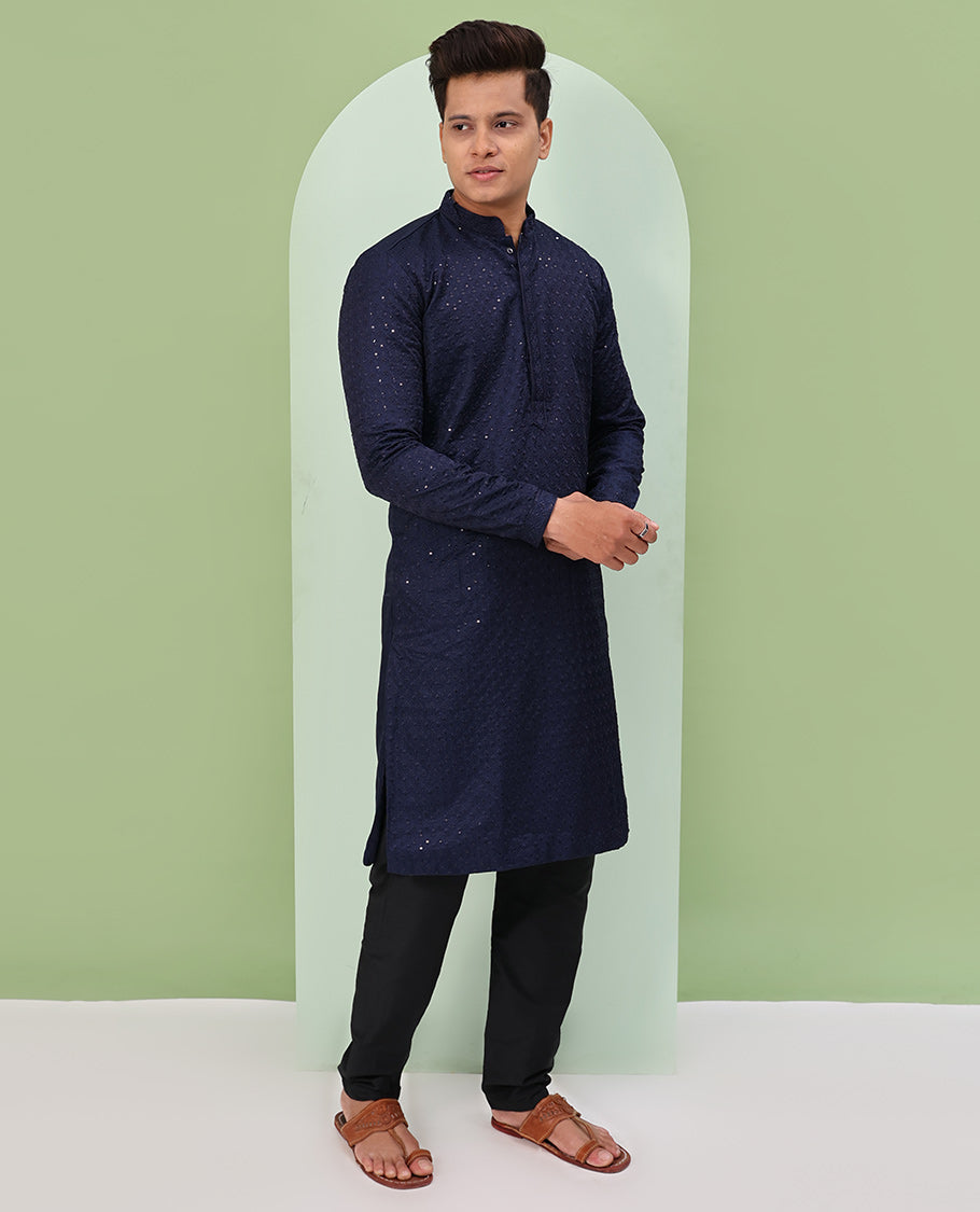 Navy blue color sequins embroidered full-sleeve kurta set