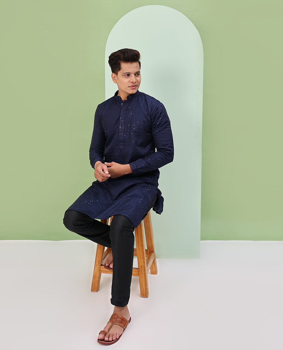 Navy blue color sequins embroidered full-sleeve kurta set