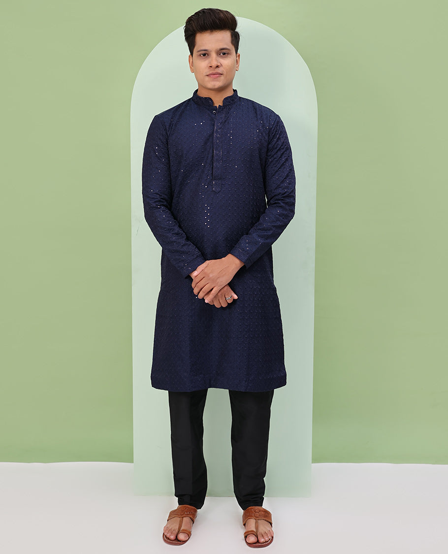 Navy blue color sequins embroidered full-sleeve kurta set