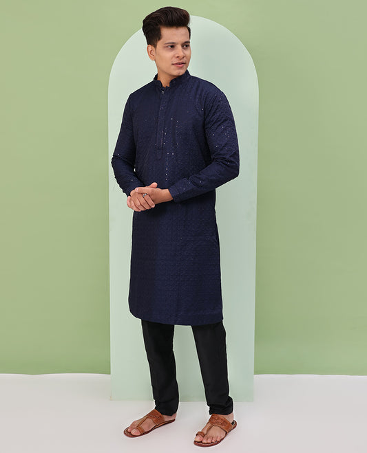 Navy blue color sequins embroidered full-sleeve kurta set