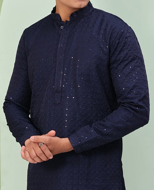 Navy blue color sequins embroidered full-sleeve kurta set